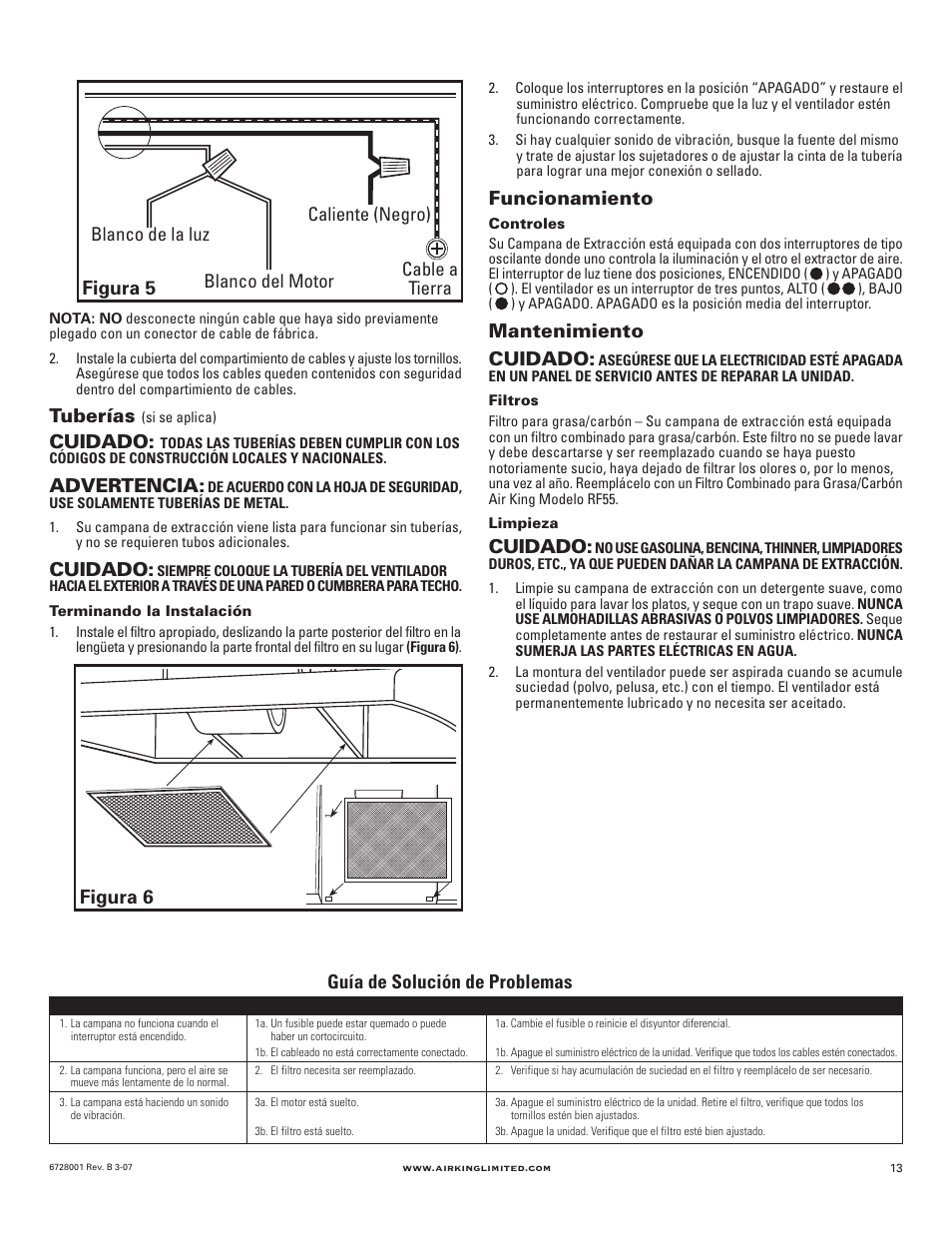 Figura 5 guía de solución de problemas, Funcionamiento, Mantenimiento cuidado | Cuidado, Figura 6, Tuberías, Advertencia | Air King RF55 User Manual | Page 13 / 16