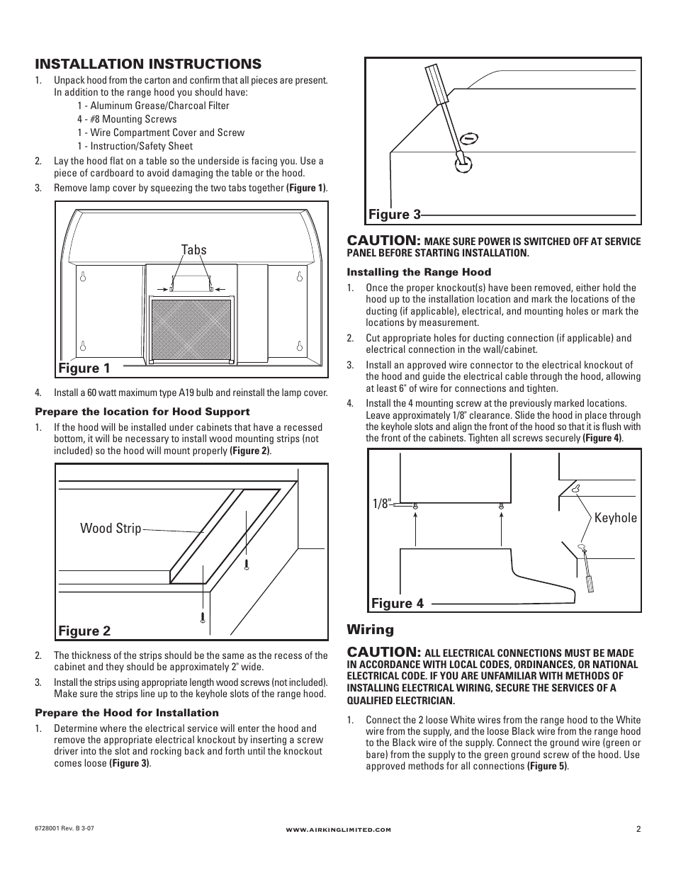 Installation instructions, Caution, Wiring caution | Wood strip figure 2 figure 4, Figure 3 tabs figure 1 | Air King RF55 User Manual | Page 2 / 16