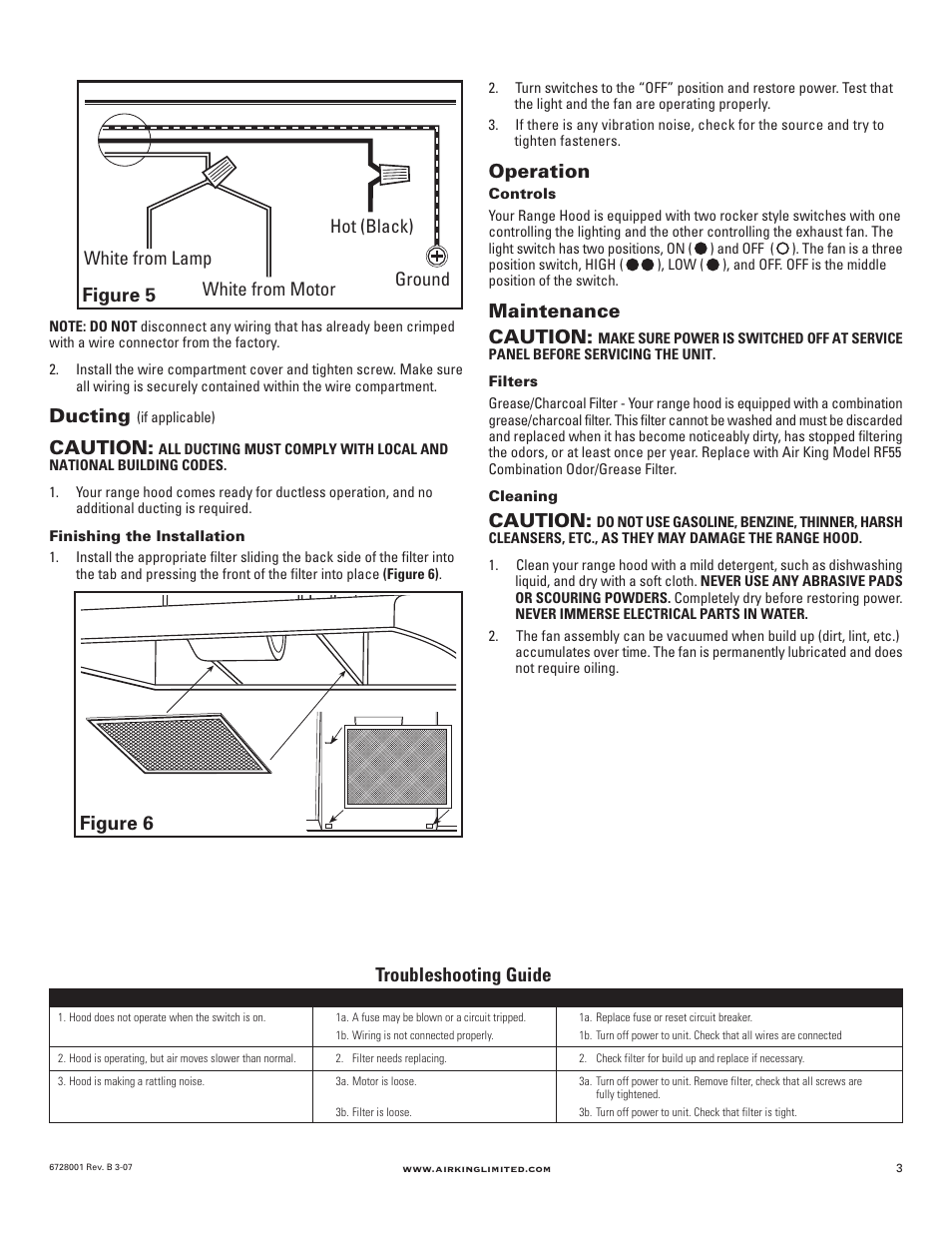 Troubleshooting guide, Ducting, Caution | Operation, Maintenance caution, Figure 5, Figure 6 | Air King RF55 User Manual | Page 3 / 16