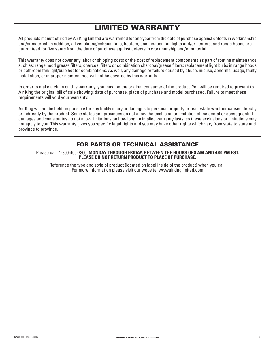 Limited warranty | Air King RF55 User Manual | Page 4 / 16