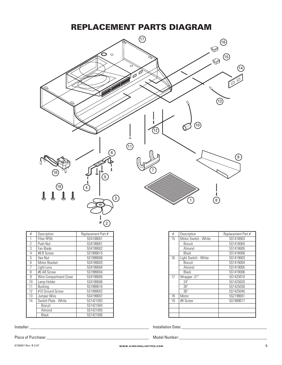 Replacement parts diagram | Air King RF55 User Manual | Page 5 / 16
