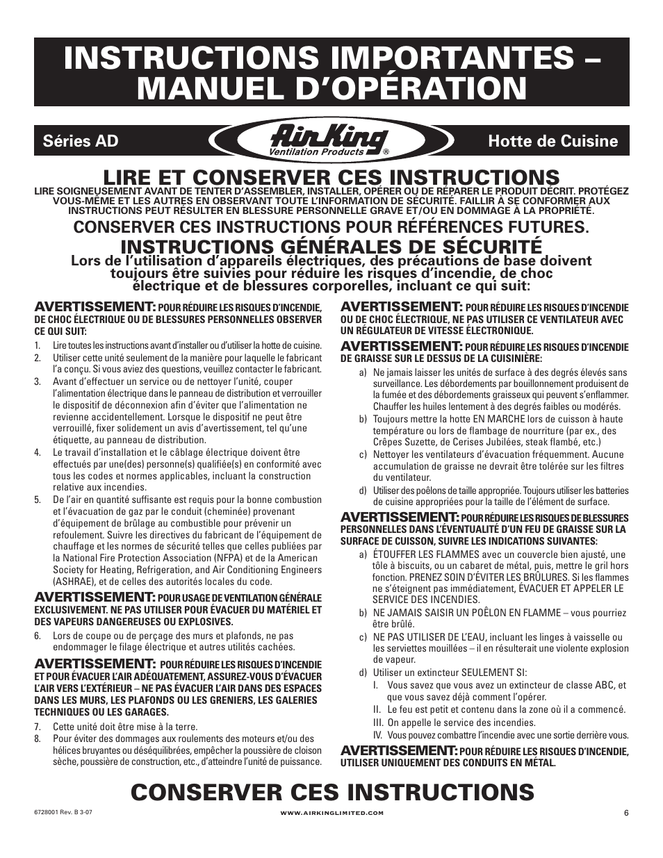 Instructions importantes – manuel d’opération, Conserver ces instructions, Lire et conserver ces instructions | Instructions générales de sécurité, Conserver ces instructions pour références futures, Séries ad, Hotte de cuisine | Air King RF55 User Manual | Page 6 / 16