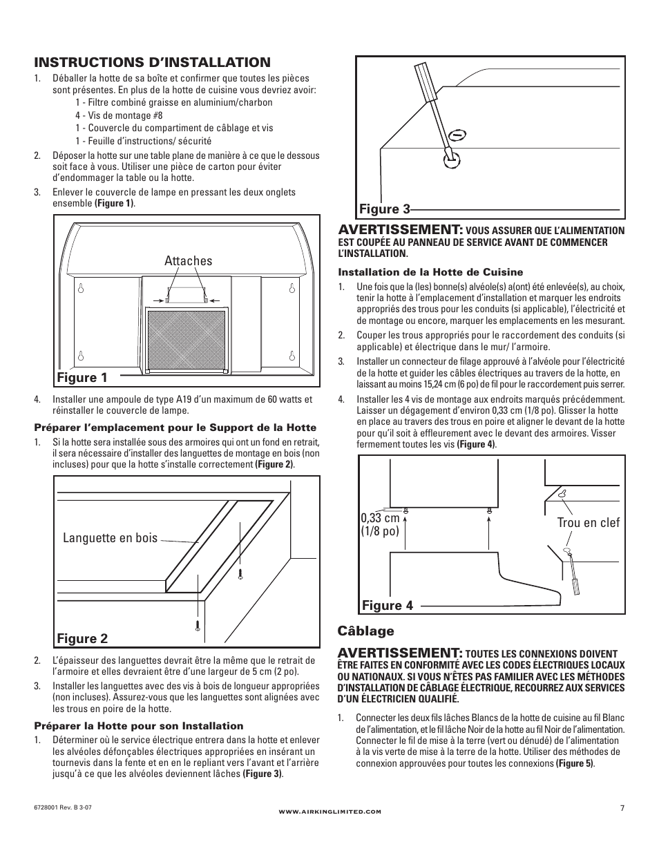 Figure 3, Instructions d’installation, Avertissement | Languette en bois figure 2 câblage avertissement, Trou en clef figure 4 attaches figure 1 | Air King RF55 User Manual | Page 7 / 16