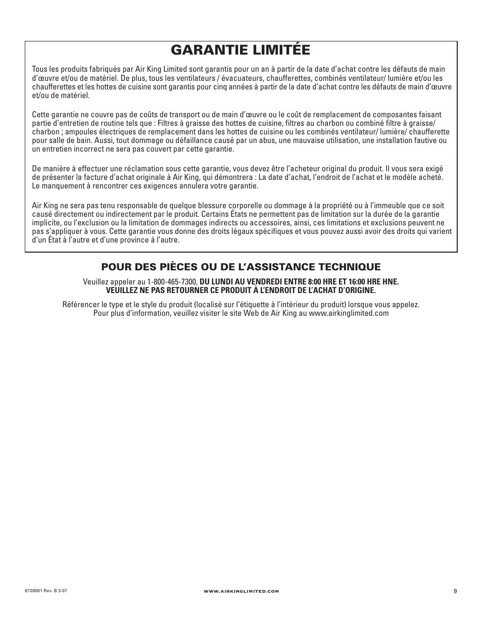 Garantie limitée | Air King RF55 User Manual | Page 9 / 16