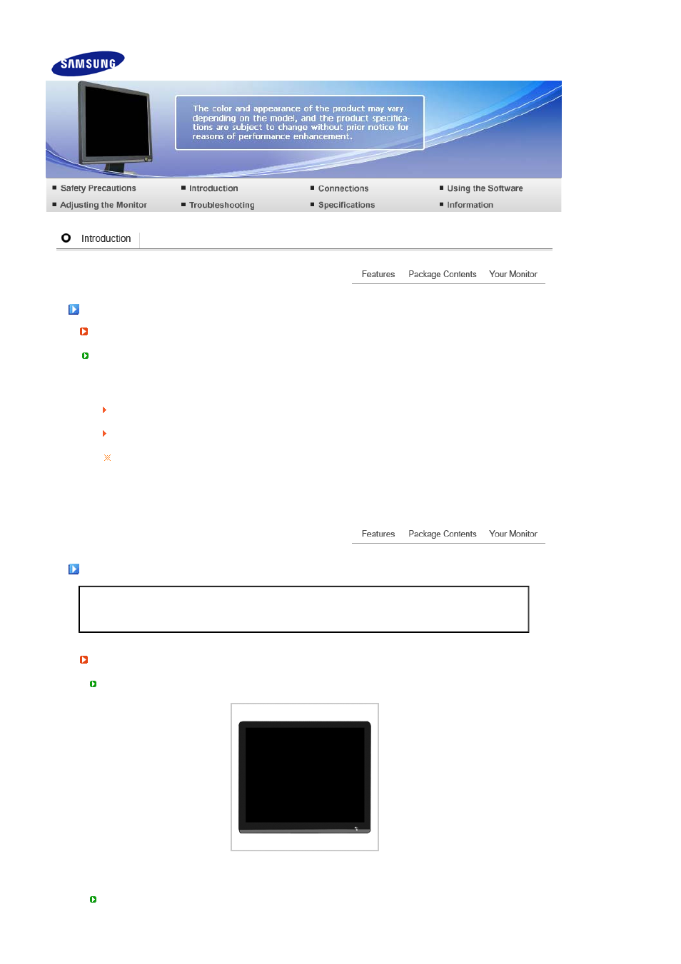 Introducion, Features, Package contents | Samsung LS19MEPSFV-XAA User Manual | Page 13 / 62