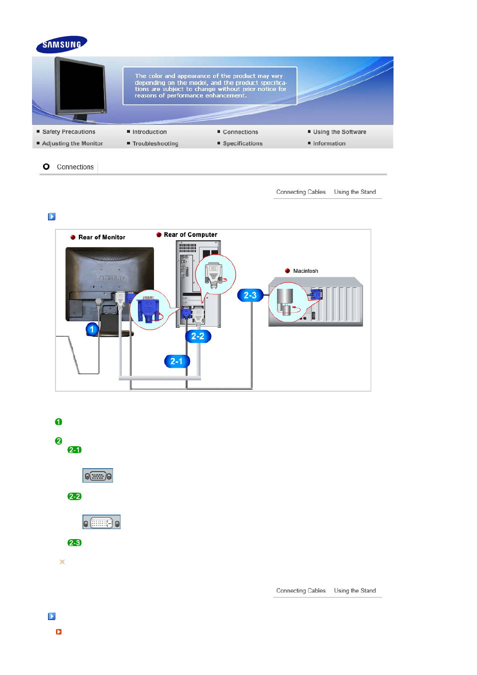 Connections, Connecting cables, Using the stand | Samsung LS19MEPSFV-XAA User Manual | Page 17 / 62