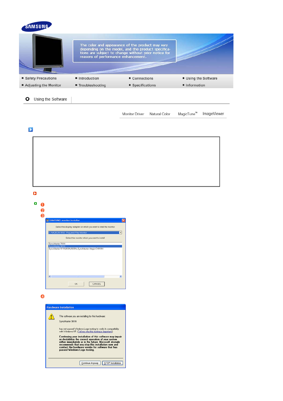 Using the software, Monitor driver | Samsung LS19MEPSFV-XAA User Manual | Page 19 / 62