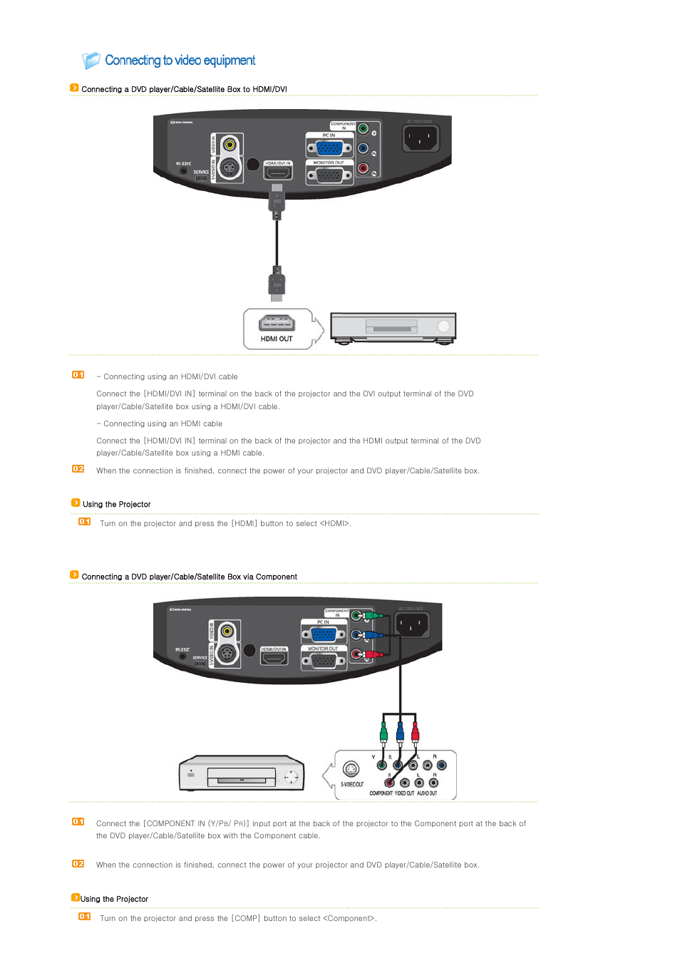 Connecting to video equipment | Samsung SPA400BX-XAA User Manual | Page 22 / 39