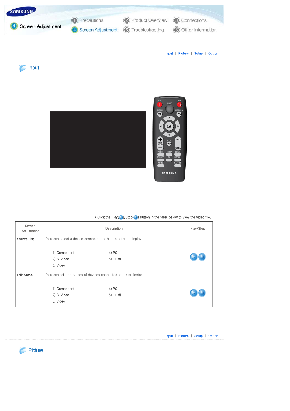 Screen adjustment, Input | Samsung SPA400BX-XAA User Manual | Page 26 / 39
