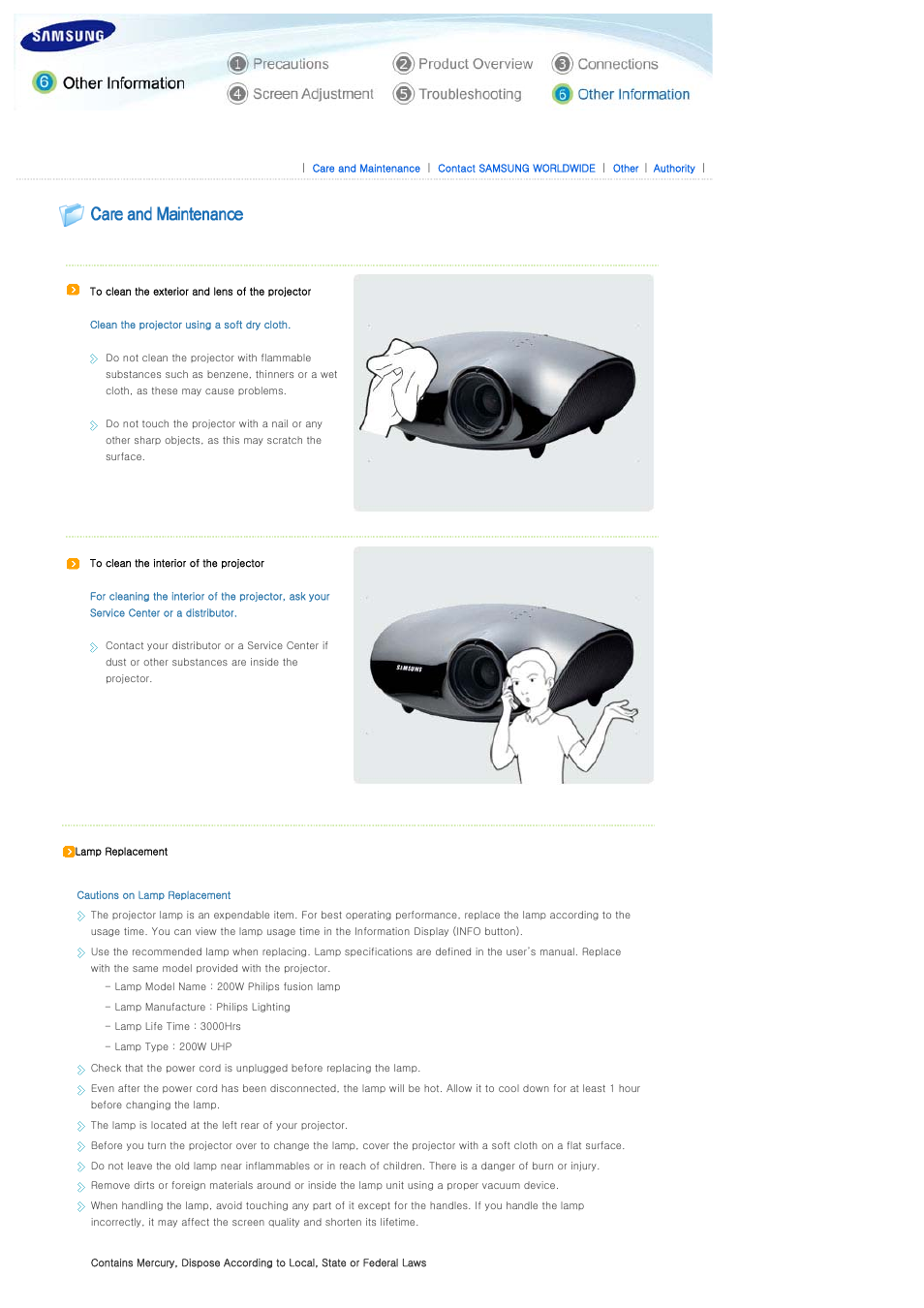 Other information, Care and maintenance | Samsung SPA400BX-XAA User Manual | Page 34 / 39