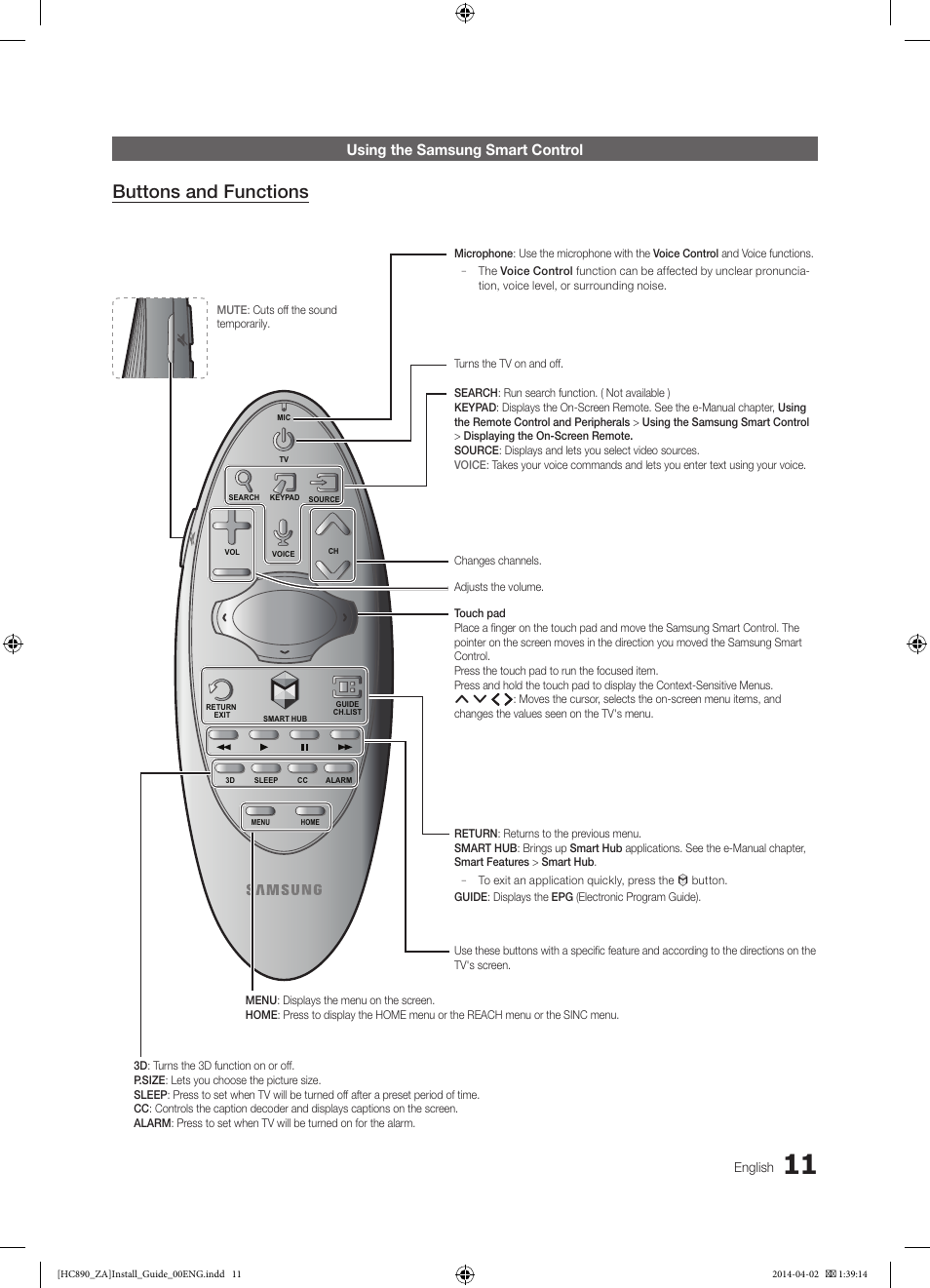 Buttons and functions, Using the samsung smart control | Samsung HG55NC890XFXZA User Manual | Page 11 / 54