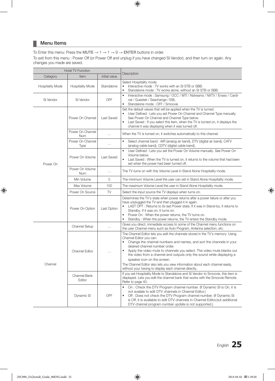 Menu items | Samsung HG55NC890XFXZA User Manual | Page 25 / 54