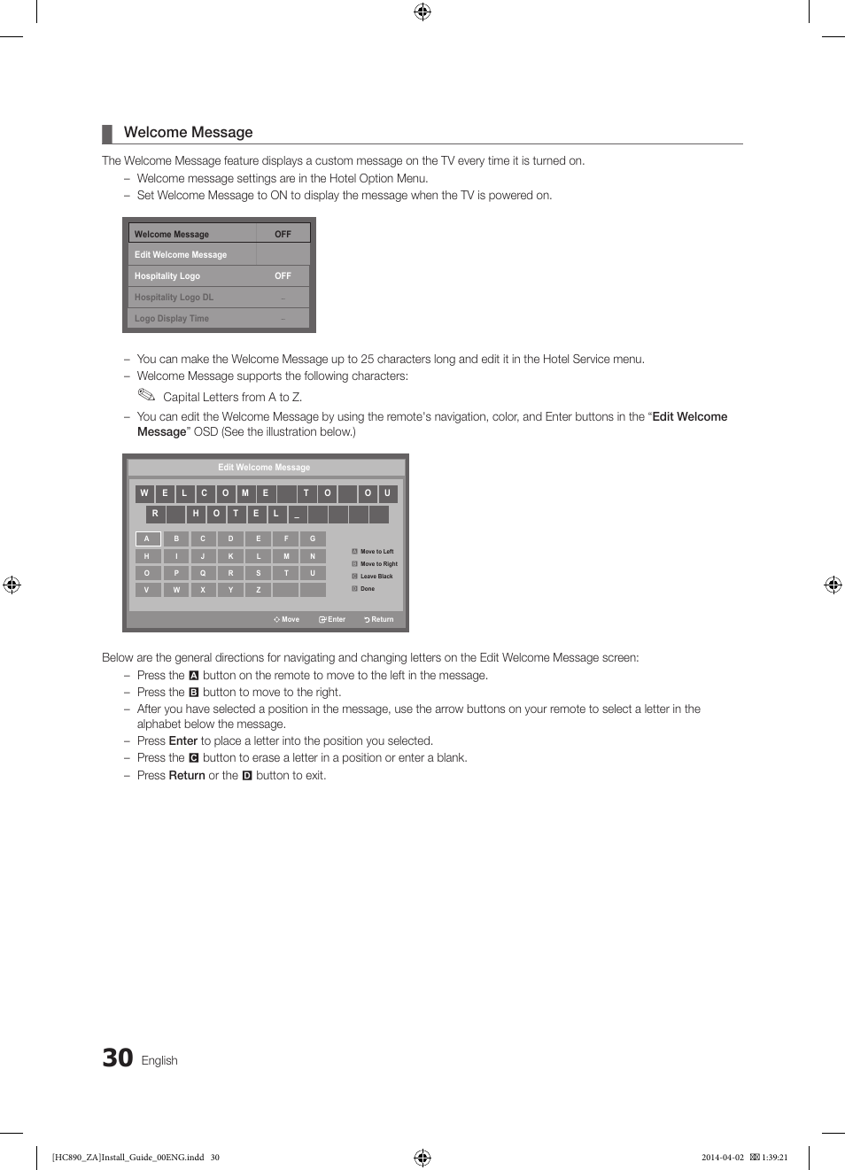Welcome message | Samsung HG55NC890XFXZA User Manual | Page 30 / 54