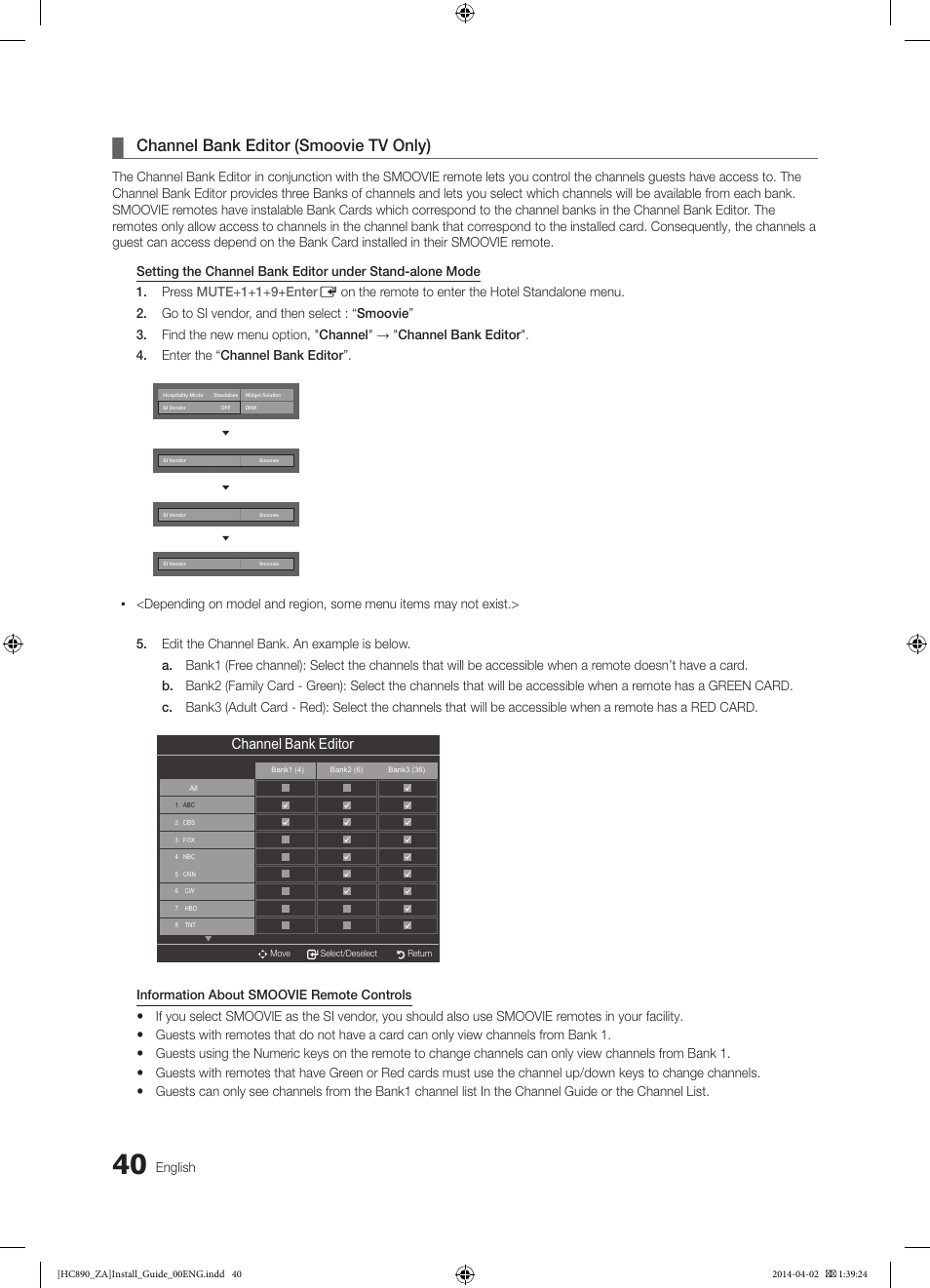 Channel bank editor (smoovie tv only), Channel bank editor | Samsung HG55NC890XFXZA User Manual | Page 40 / 54