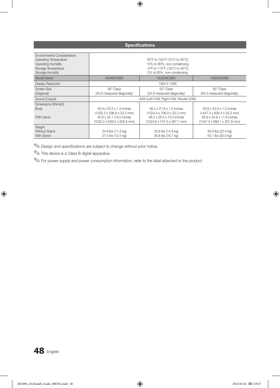 Samsung HG55NC890XFXZA User Manual | Page 48 / 54