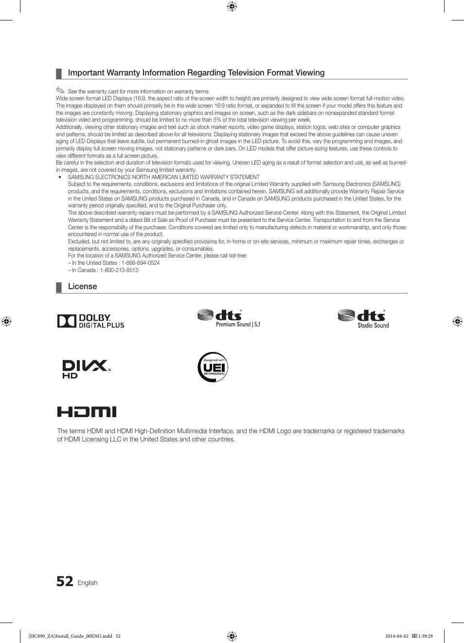 Samsung HG55NC890XFXZA User Manual | Page 52 / 54