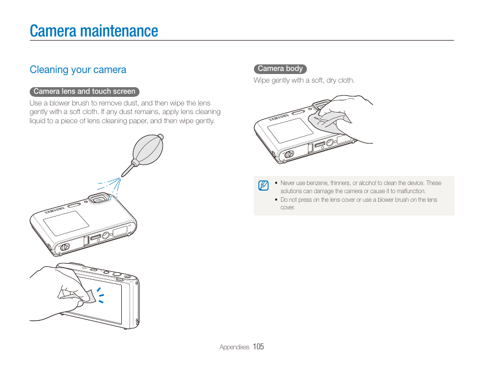 Camera maintenance, Cleaning your camera, Cleaning your camera ………………………………… 105 | Samsung EC-ST100ZBPBPA User Manual | Page 106 / 122