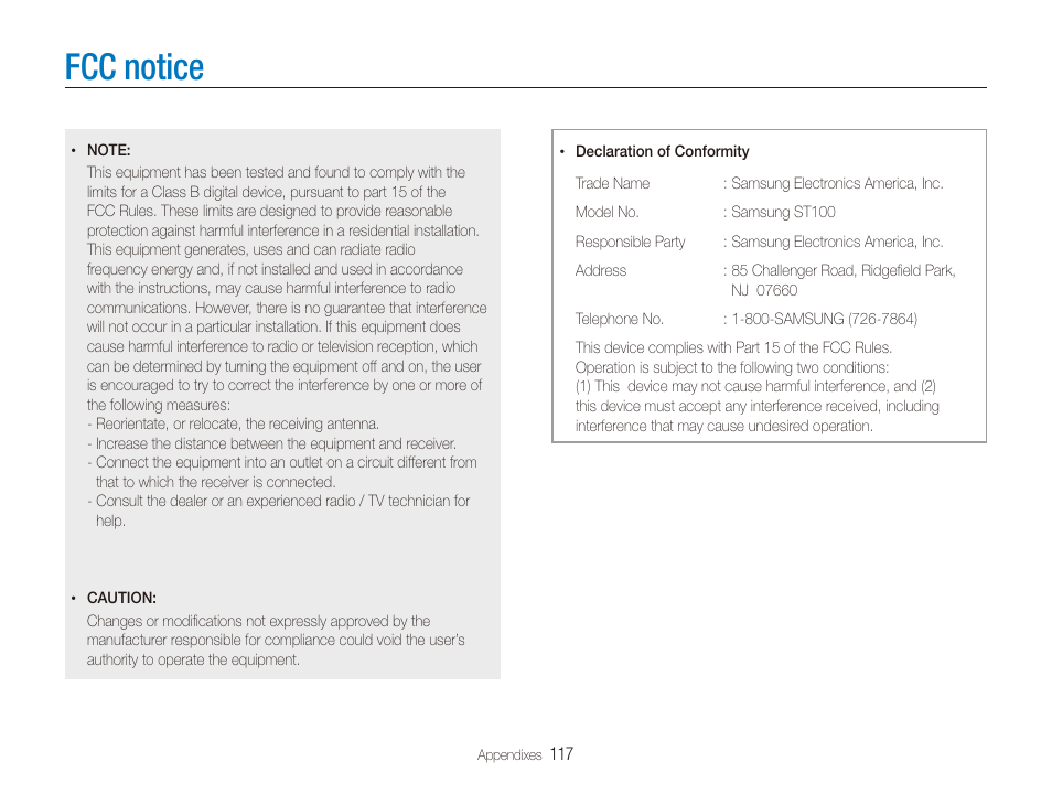 Fcc notice | Samsung EC-ST100ZBPBPA User Manual | Page 118 / 122