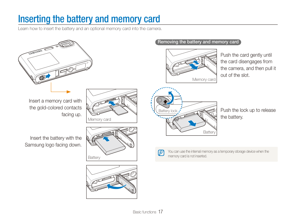 Inserting the battery and memory card | Samsung EC-ST100ZBPBPA User Manual | Page 18 / 122