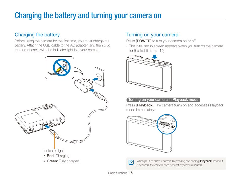 Charging the battery and turning your camera on, Charging the battery, Turning on your camera | Charging the battery and turning your, Camera on, Charging the battery ………………………… 18, Turning on your camera ……………………… 18 | Samsung EC-ST100ZBPBPA User Manual | Page 19 / 122