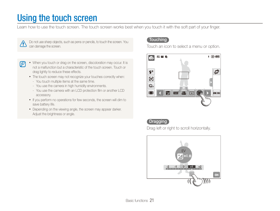 Using the touch screen | Samsung EC-ST100ZBPBPA User Manual | Page 22 / 122