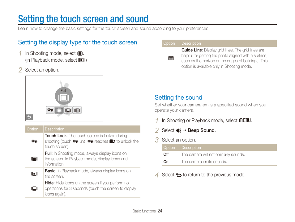 Setting the touch screen and sound, Setting the display type for the touch screen, Setting the sound | Setting the display type for the touch screen 24, Setting the sound …………………………… 24 | Samsung EC-ST100ZBPBPA User Manual | Page 25 / 122