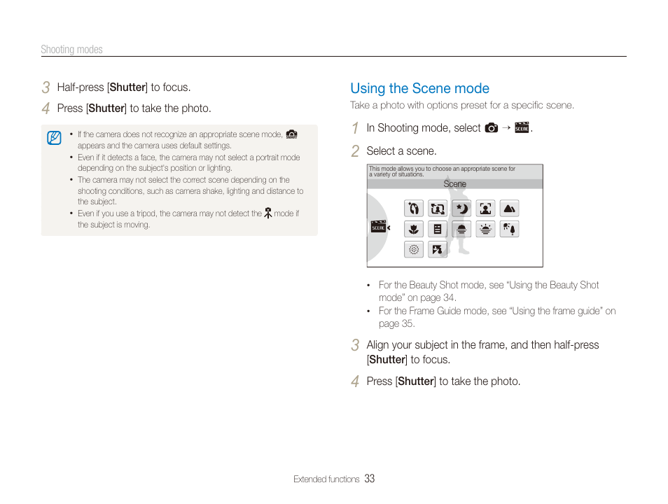 Using the scene mode, Mode. (p. 33) | Samsung EC-ST100ZBPBPA User Manual | Page 34 / 122