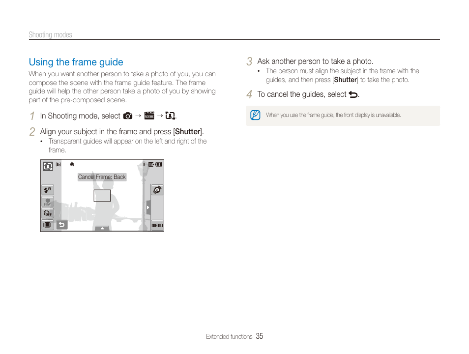 Using the frame guide | Samsung EC-ST100ZBPBPA User Manual | Page 36 / 122