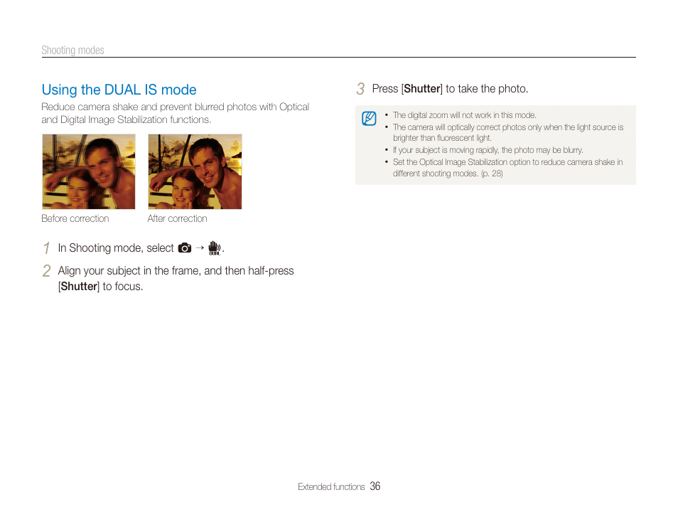 Using the dual is mode, Mode. (p. 36) | Samsung EC-ST100ZBPBPA User Manual | Page 37 / 122