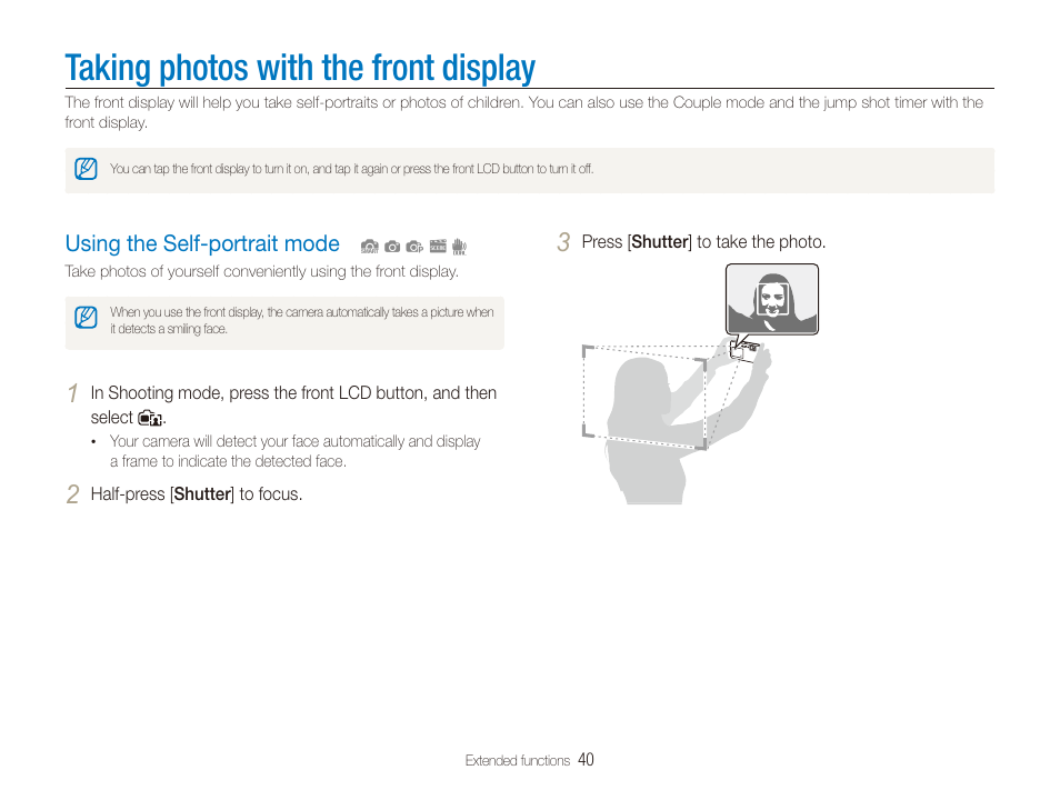 Taking photos with the front display, Using the self-portrait mode | Samsung EC-ST100ZBPBPA User Manual | Page 41 / 122