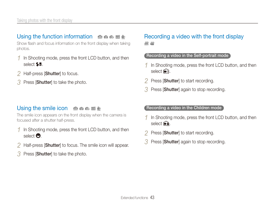 Using the function information, Using the smile icon, Recording a video with the front display | Samsung EC-ST100ZBPBPA User Manual | Page 44 / 122
