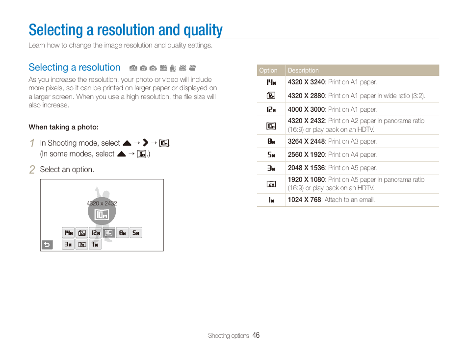 Selecting a resolution and quality, Selecting a resolution, Selecting a resolution ………………………… 46 | Samsung EC-ST100ZBPBPA User Manual | Page 47 / 122