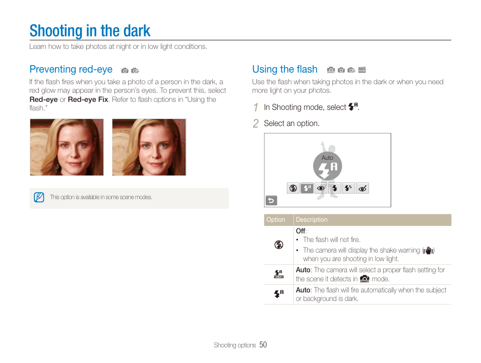 Shooting in the dark, Preventing red-eye, Using the flash | P. 50), Using the ﬂash, Preventing red-eye …………………………… 50, Using the ﬂash ……………………………… 50 | Samsung EC-ST100ZBPBPA User Manual | Page 51 / 122