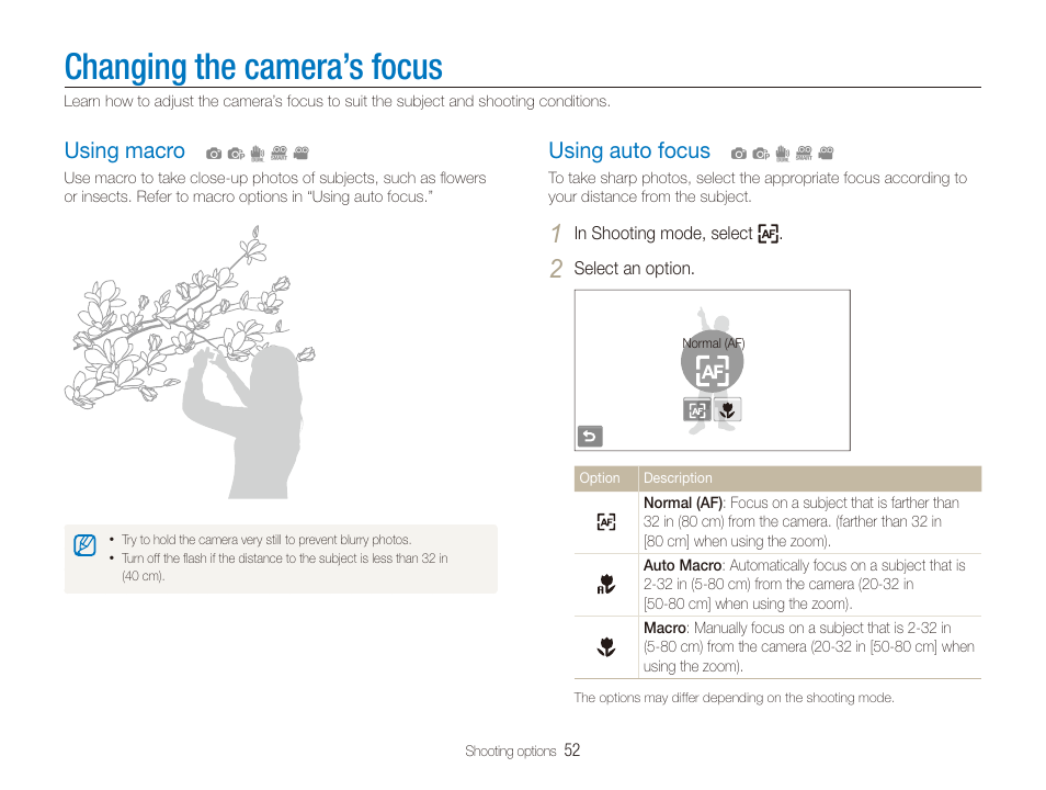 Changing the camera’s focus, Using macro, Using auto focus | Using macro ………………………………… 52, Using auto focus …………………………… 52 | Samsung EC-ST100ZBPBPA User Manual | Page 53 / 122