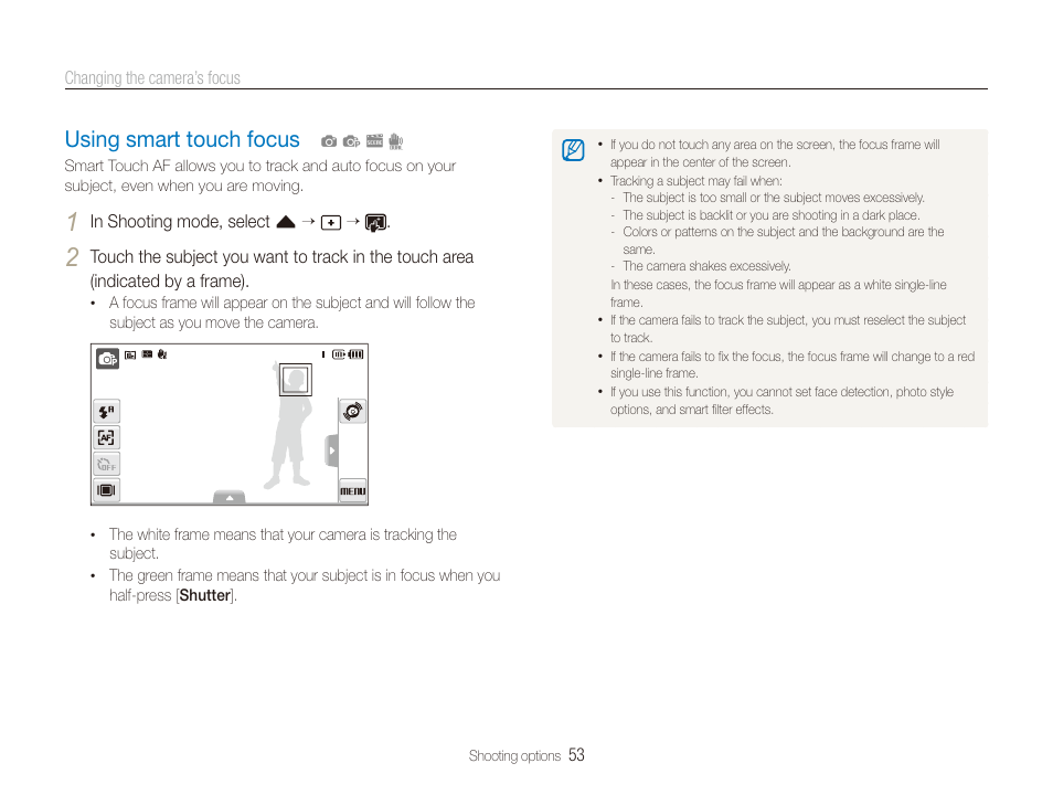 Using smart touch focus, Using smart touch focus …………………… 53 | Samsung EC-ST100ZBPBPA User Manual | Page 54 / 122