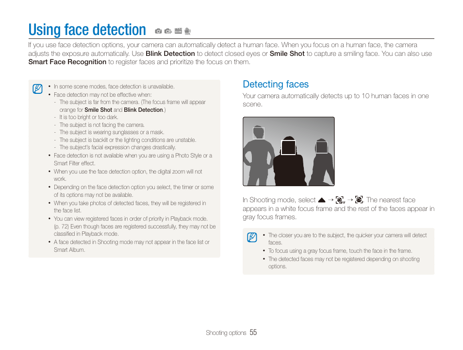 Using face detection, Detecting faces, Detecting faces ……………………………… 55 | Samsung EC-ST100ZBPBPA User Manual | Page 56 / 122