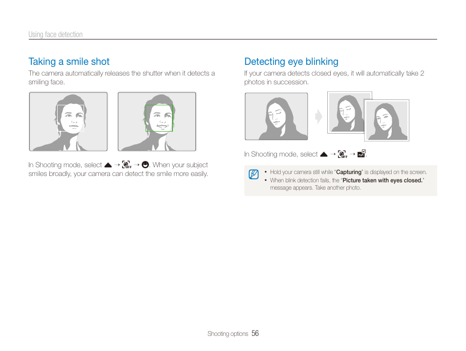 Taking a smile shot, Detecting eye blinking, Taking a smile shot …………………………… 56 | Detecting eye blinking ……………………… 56 | Samsung EC-ST100ZBPBPA User Manual | Page 57 / 122