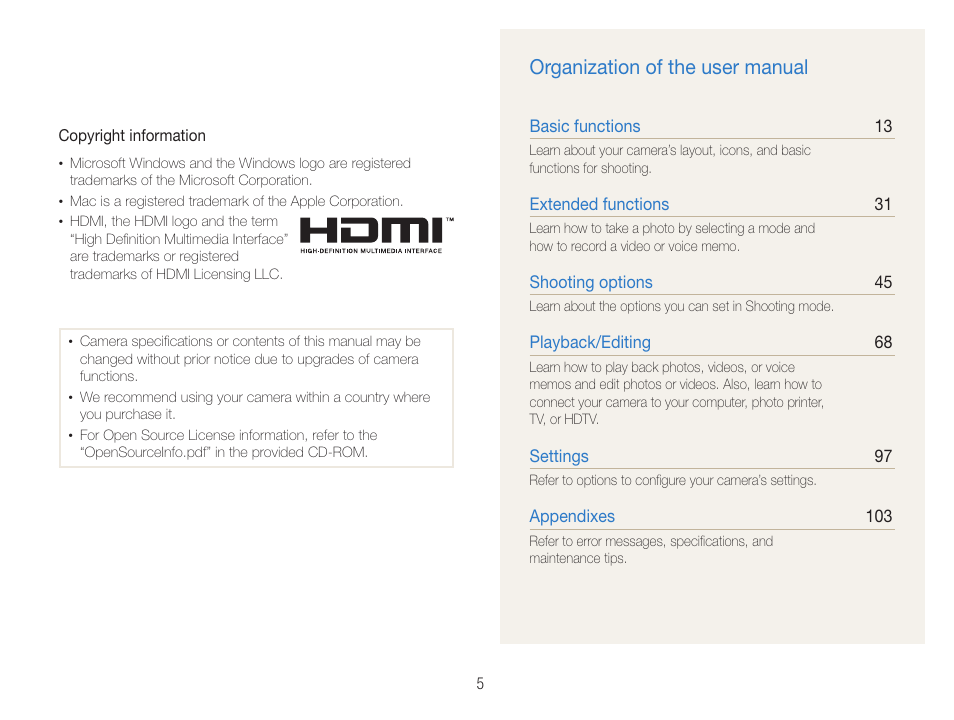 Organization of the user manual | Samsung EC-ST100ZBPBPA User Manual | Page 6 / 122