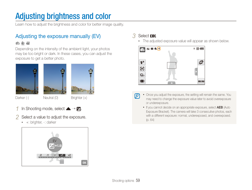 Adjusting brightness and color, Adjusting the exposure manually (ev), Adjust the exposure. (p | Adjusting the exposure manually (ev) ……… 59 | Samsung EC-ST100ZBPBPA User Manual | Page 60 / 122