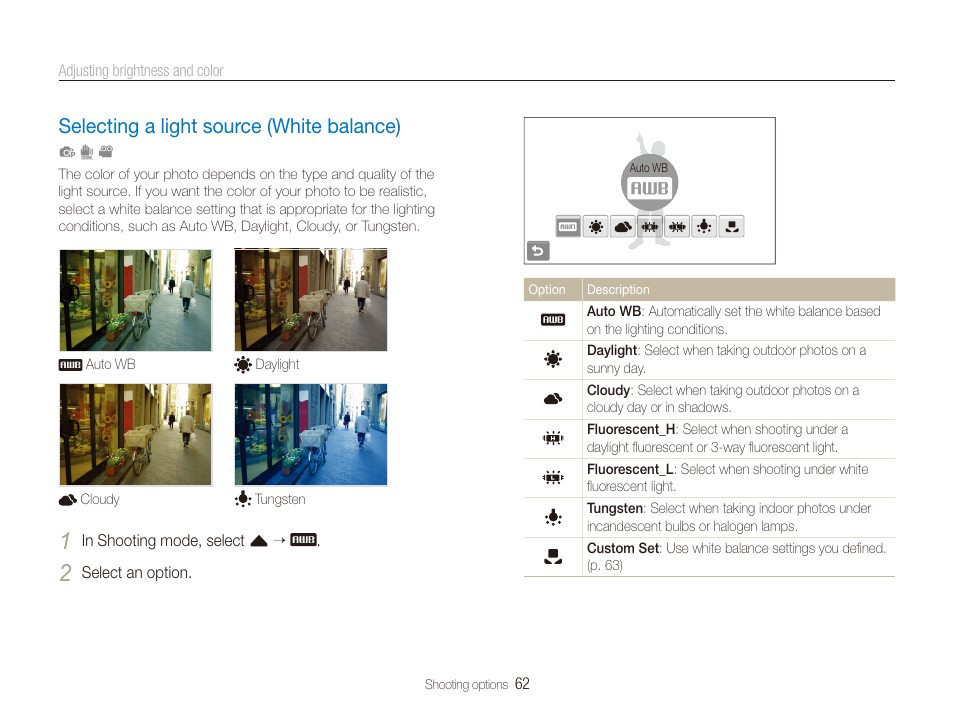 Selecting a light source (white balance), Selecting a light source (white balance) …… 62 | Samsung EC-ST100ZBPBPA User Manual | Page 63 / 122