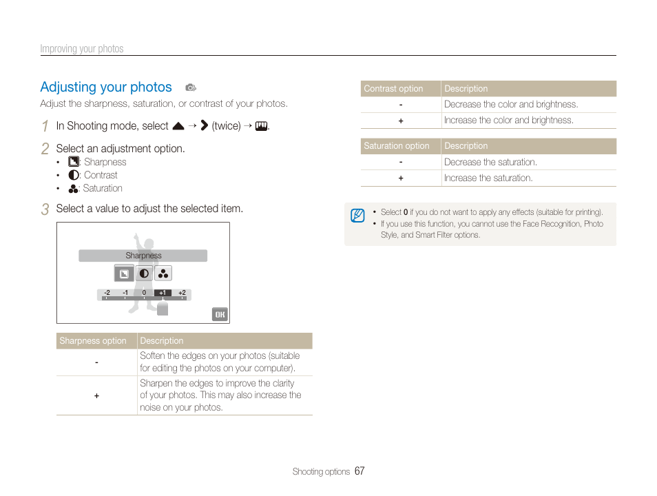 Adjusting your photos, Adjusting your photos ……………………… 67 | Samsung EC-ST100ZBPBPA User Manual | Page 68 / 122