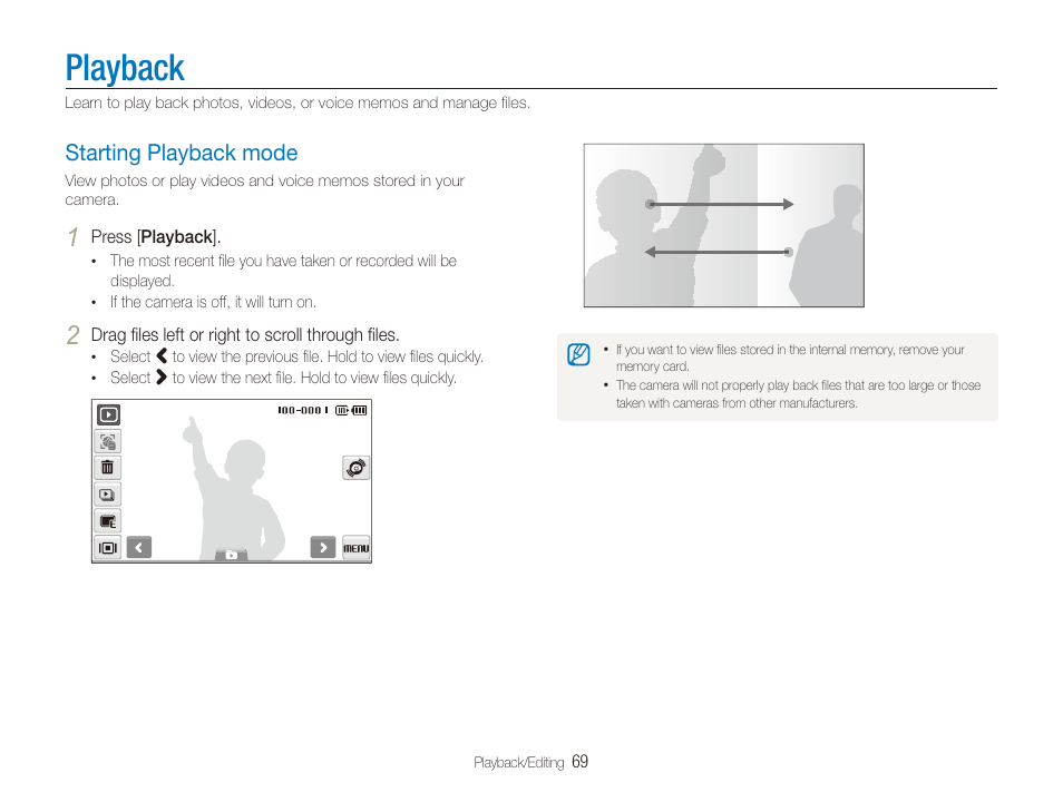 Playback, Starting playback mode, Starting playback mode ……………………… 69 | Samsung EC-ST100ZBPBPA User Manual | Page 70 / 122