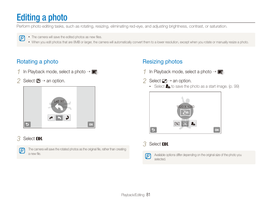 Editing a photo, Rotating a photo, Resizing photos | Rotating a photo …………………………… 81, Resizing photos ……………………………… 81 | Samsung EC-ST100ZBPBPA User Manual | Page 82 / 122