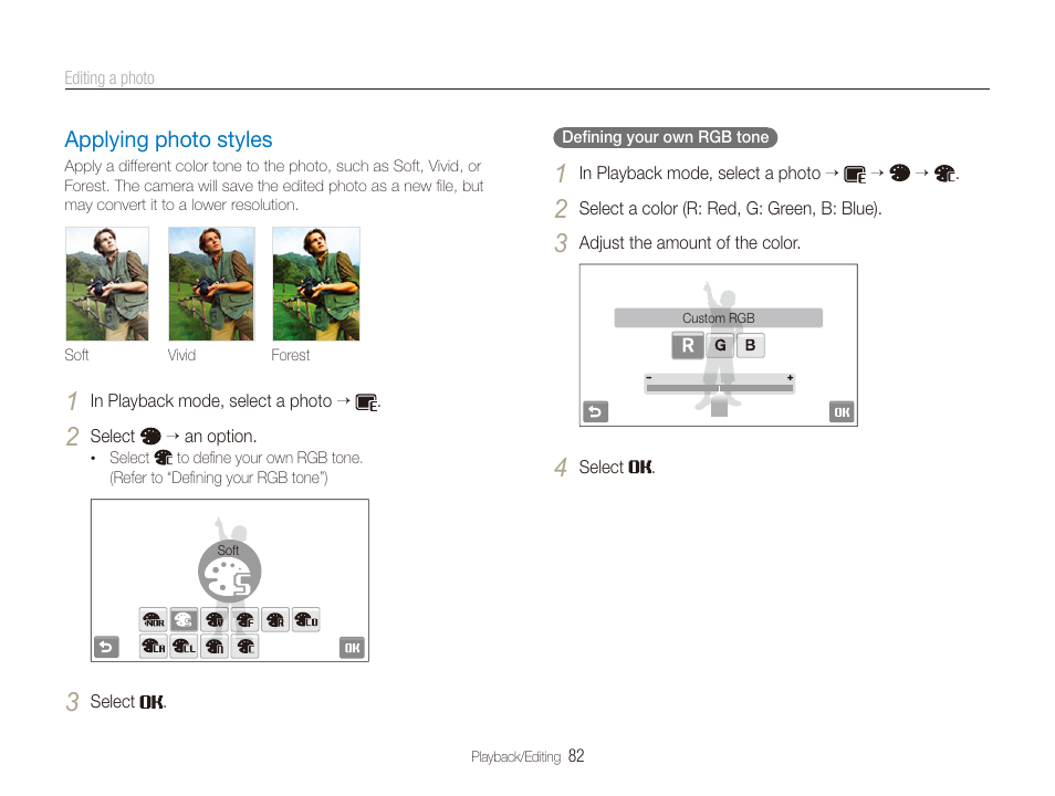 Applying photo styles, Applying photo styles ………………………… 82 | Samsung EC-ST100ZBPBPA User Manual | Page 83 / 122