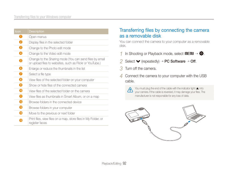 Transferring ﬁles by connecting the camera, As a removable disk ………………………… 92 | Samsung EC-ST100ZBPBPA User Manual | Page 93 / 122