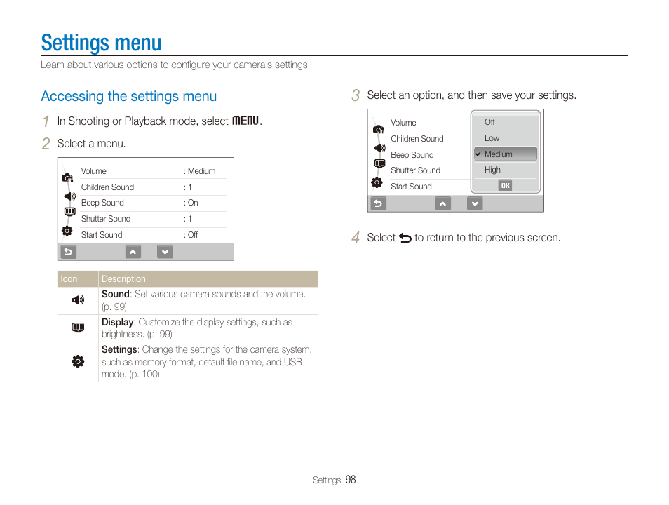 Settings menu, Accessing the settings menu | Samsung EC-ST100ZBPBPA User Manual | Page 99 / 122