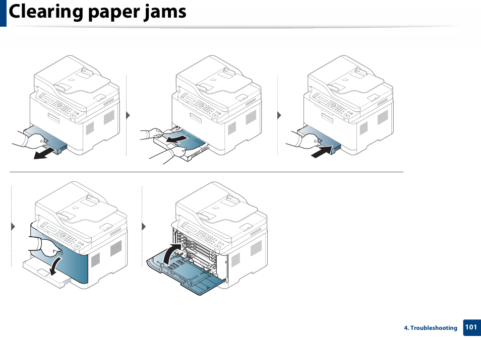 Clearing paper jams | Samsung SL-C460W-XAX User Manual | Page 101 / 337