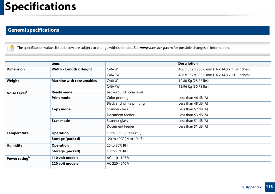 Specifications, General specifications | Samsung SL-C460W-XAX User Manual | Page 113 / 337