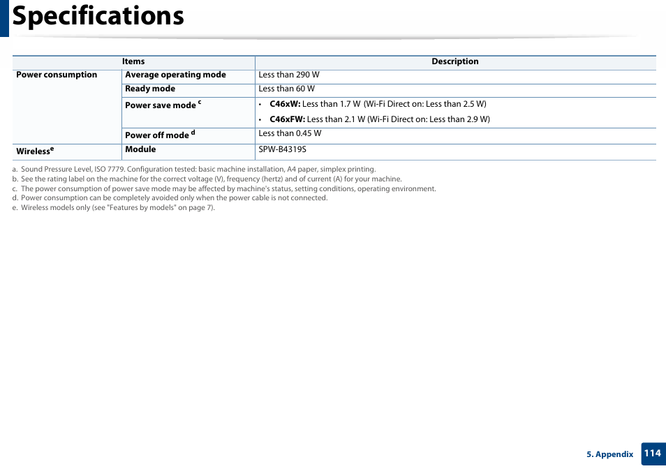 Specifications | Samsung SL-C460W-XAX User Manual | Page 114 / 337