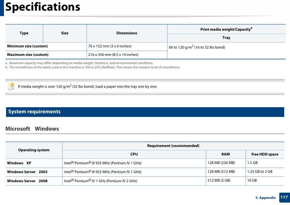 System requirements, Specifications, Microsoft | Windows | Samsung SL-C460W-XAX User Manual | Page 117 / 337